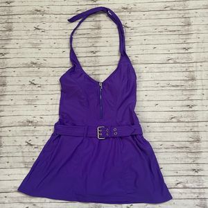 Venus Purple Swimsuit Dress Swim Dress Sz 4Lightly Padded Bra Halter Belt Zip